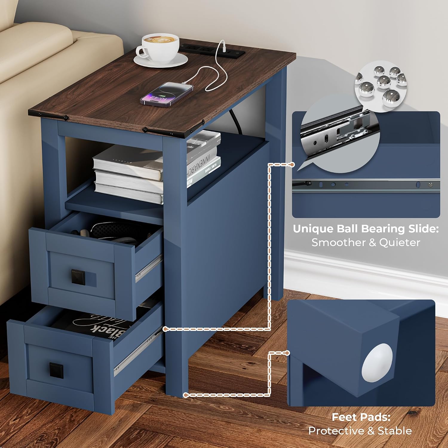 VVFLU Farmhouse End Table with Charging Station and 2 Storage Drawers, Blue Wood Nightstand Narrow, Skinny Side Table Rustic, Slim Bedside Table, Open Shelf, Small for Bedroom, Living Room, Sofa