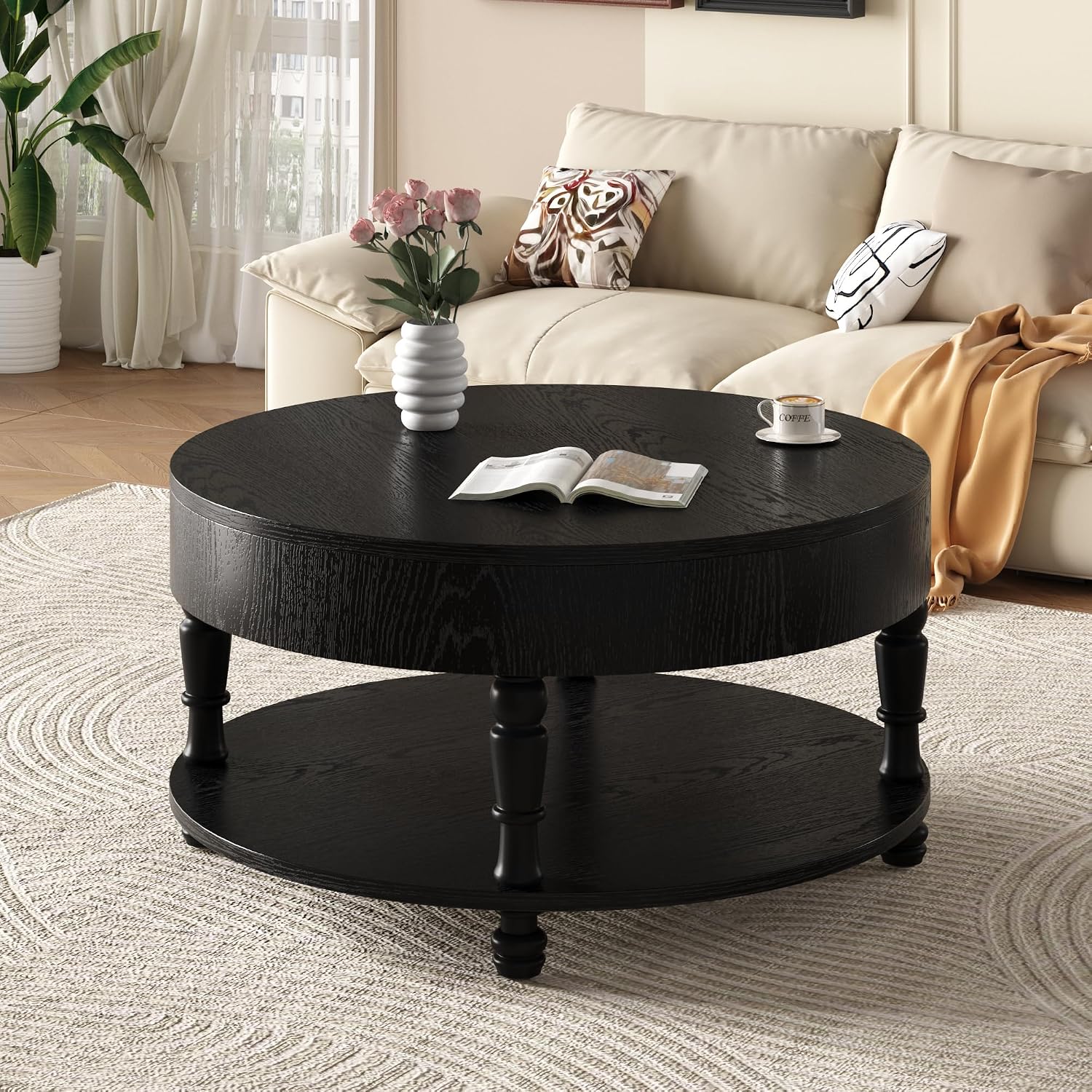 Hayzz Round Coffee Table with Storage 31.5 Inch, Modern Lift Top Accent Coffee Table with Hidden Compartment & Lower Shelf, Adjustable Leveling Feet, Easy Assembly for Living Room, Black