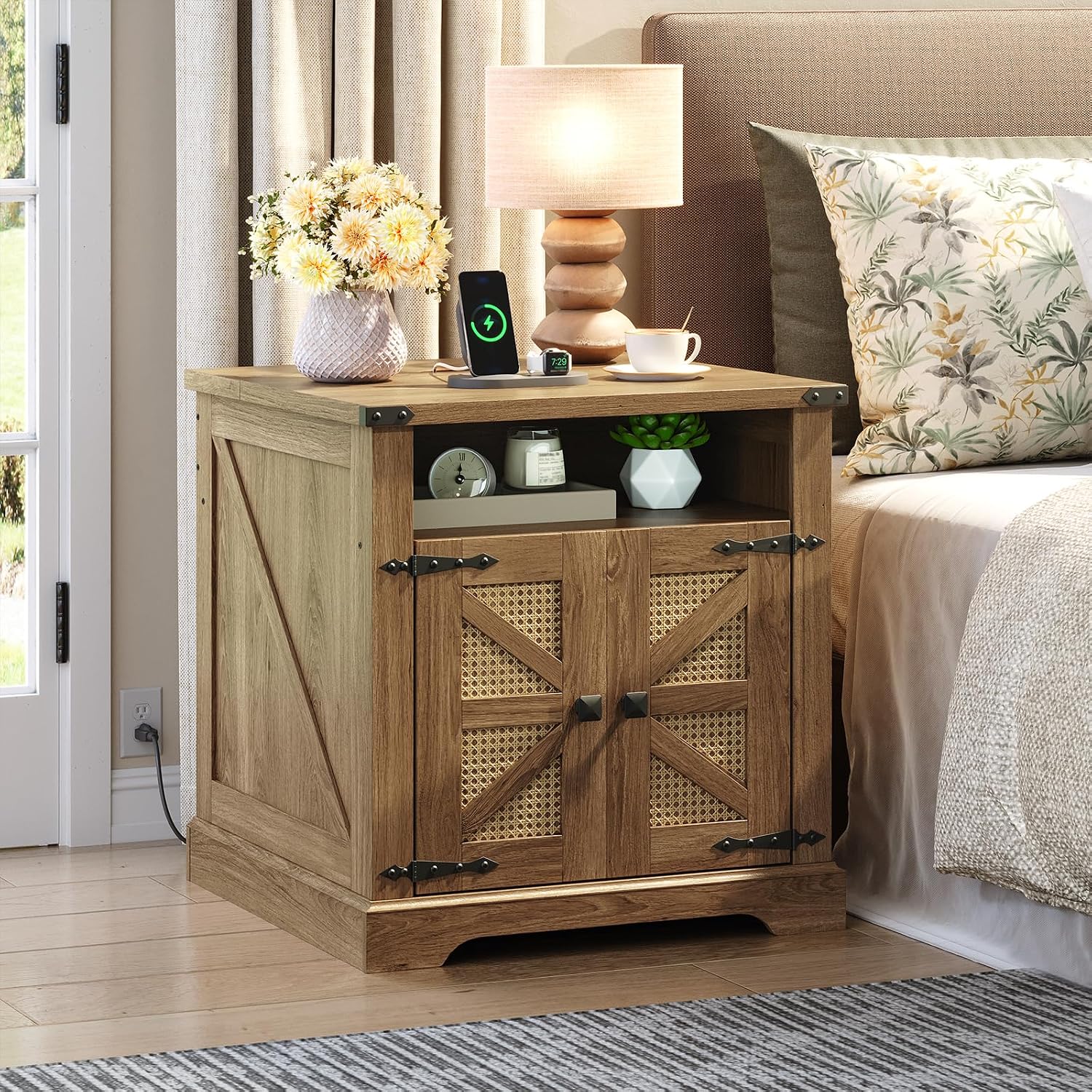 HOOBRO Farmhouse End Tables Set of 2 with Charging Station, 23.6' Large End Tables for Living Room, Large Bedside Tables with Rattan-Like Barn Door, Wooden Square Nightstand, Flip Tableop