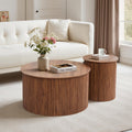Fluted Round Nesting Coffee Table Set of 2, Mid Century Modern Wood Coffee Table and End Table Set, Minimalist Center Tables Circle Side Table for Living Room, Office(Walnut)