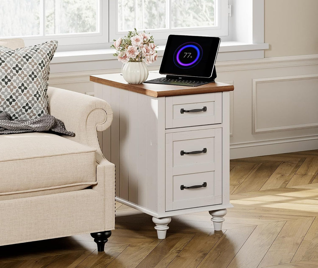 WAMPAT 2 Pack End Tables with Charging Station, Farmhouse Side Table with Drawer & Storage Cabinet, White Nightstand with Power Outlets & USB Ports for Living Room, Bedroom