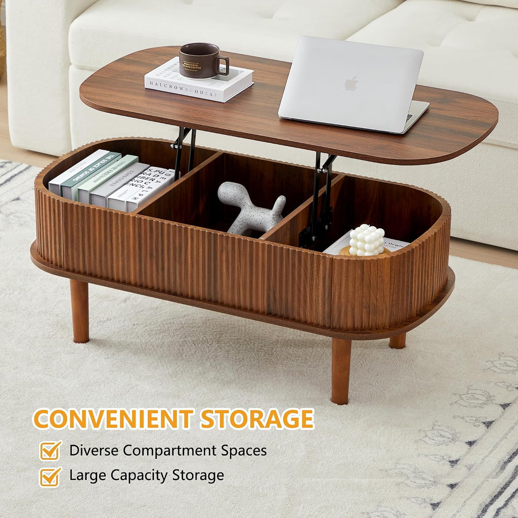 Fully Assembled Fluted Lift Top Coffee Table with Hidden Compartment, Wooden Center Table, Modern Oval Lift Tabletop for Home Living Room Office, Walnut