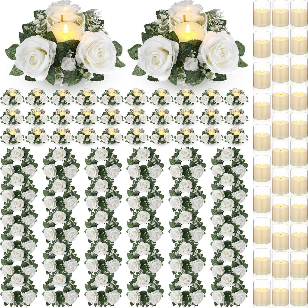 Yunlly 32 Pcs Rose Candle Rings with Flameless Candles Sets, Artificial Flower Eucalyptus Wedding Centerpiece 3 Inch Pillar Candleholders Wreaths for Wedding Party Mother's Day (White)