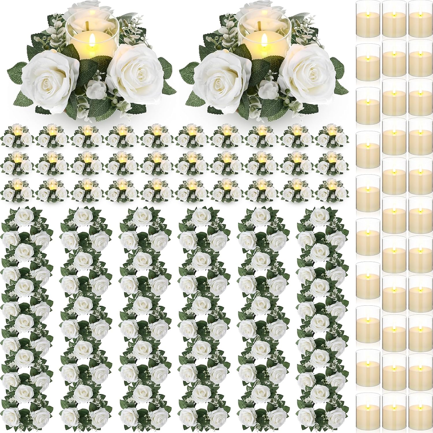 Yunlly 32 Pcs Rose Candle Rings with Flameless Candles Sets, Artificial Flower Eucalyptus Wedding Centerpiece 3 Inch Pillar Candleholders Wreaths for Wedding Party Mother's Day (White)