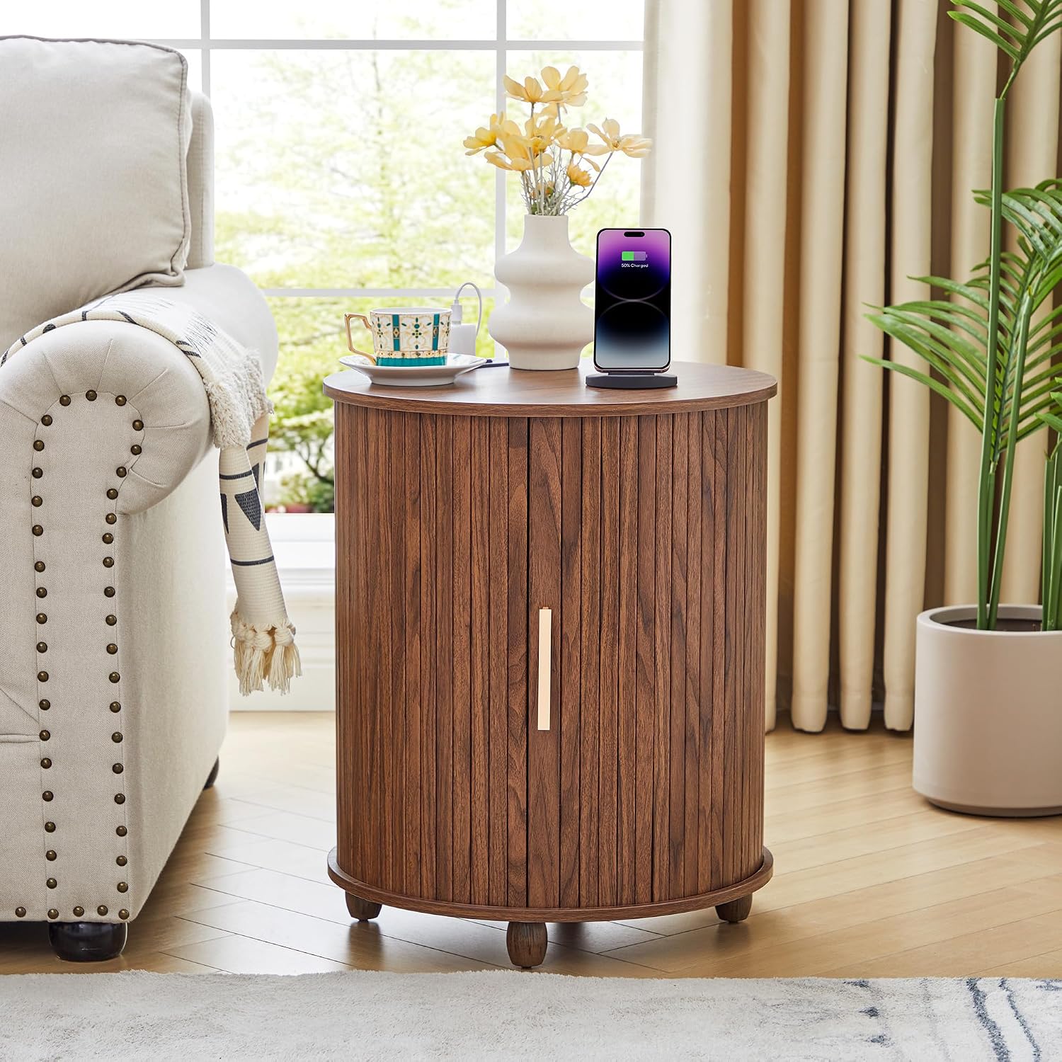 Set of 2 Fluted Round End Table with Charging Station, Small Farmhouse Sofa Side Table with Sliding Tambour Door & Storage, Mid-Century Wood Fulted Nightstands for Living Room, Bedroom (Walnut)