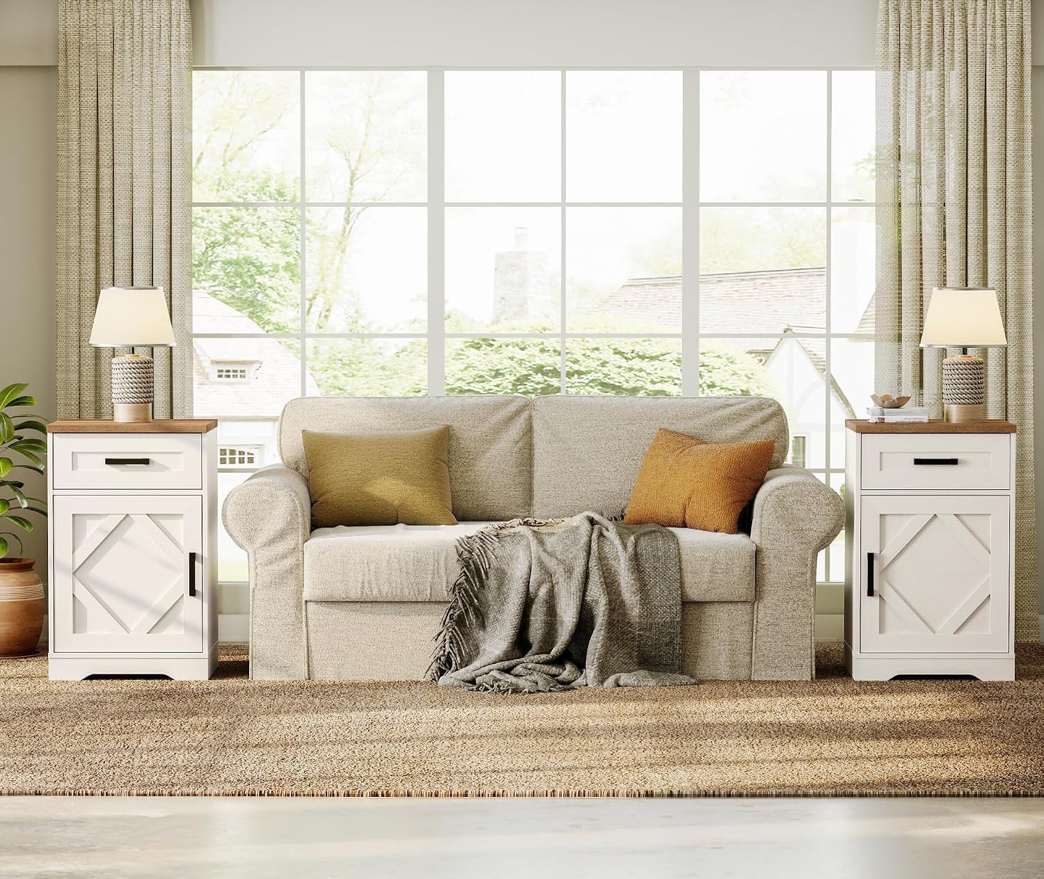 WAMPAT 32' H End Table for Living Room,Rustic Nightstand with Drawer & Barn Door, Farmhouse Bedside Table with Adjustable Shelf for Couch or Bedside, Antique White