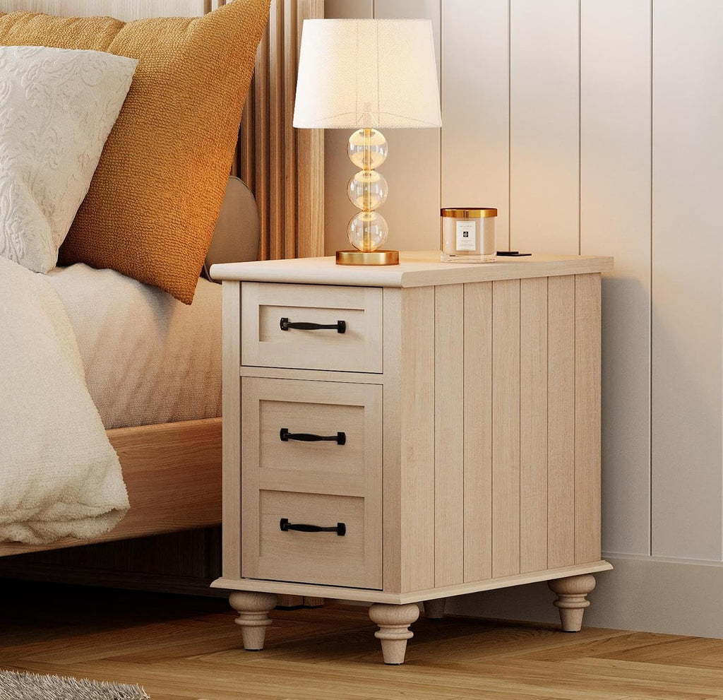 WAMPAT Beige End Table with Charging Station, Narrow Side Table with 1 Drawer &1 Storage Cabinet, Mid Century Modern Nightstand with Power Outlets & USB Ports for Living Room, Bedroom