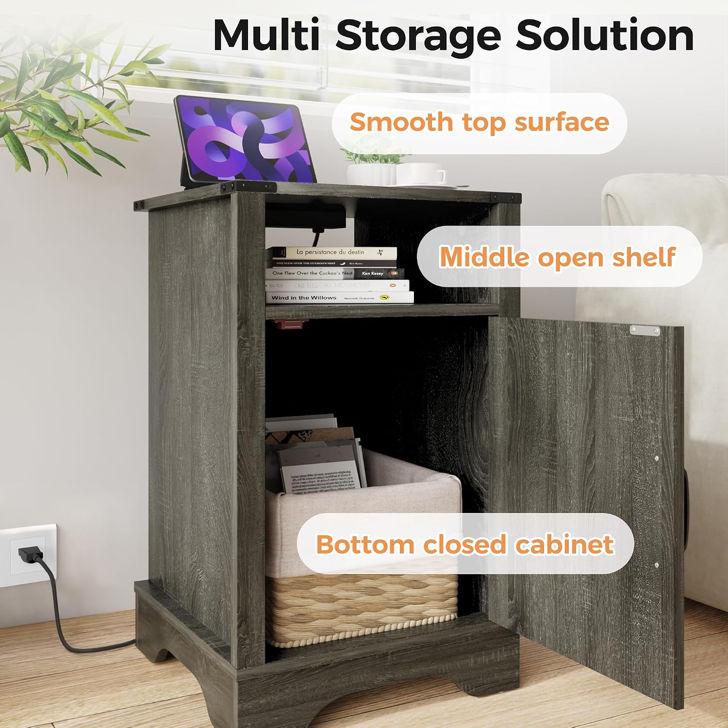 RoyalCraft Farmhouse Nightstand Set of 2, End Table with Charging Station, Tall Bedside Table with Large Storage and Shelf, Wooden Side Table with for Bedroom, Home Office, Dark Grey