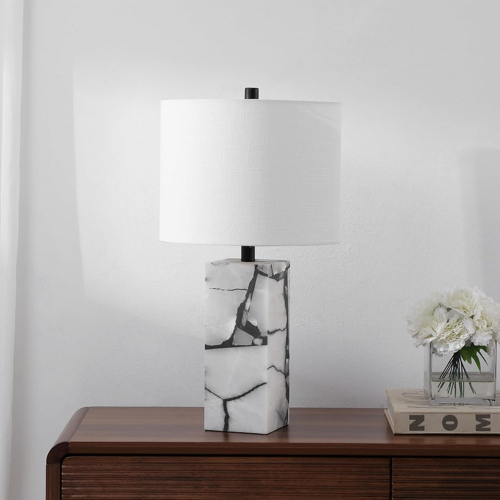 JONATHAN Y 24.25' Black/White Modern Alabaster LED Table Lamp for Home Decor, White Linen Shade, Coastal Nightstand Lamp with Built-in Base Accent Light (JYL8507A)