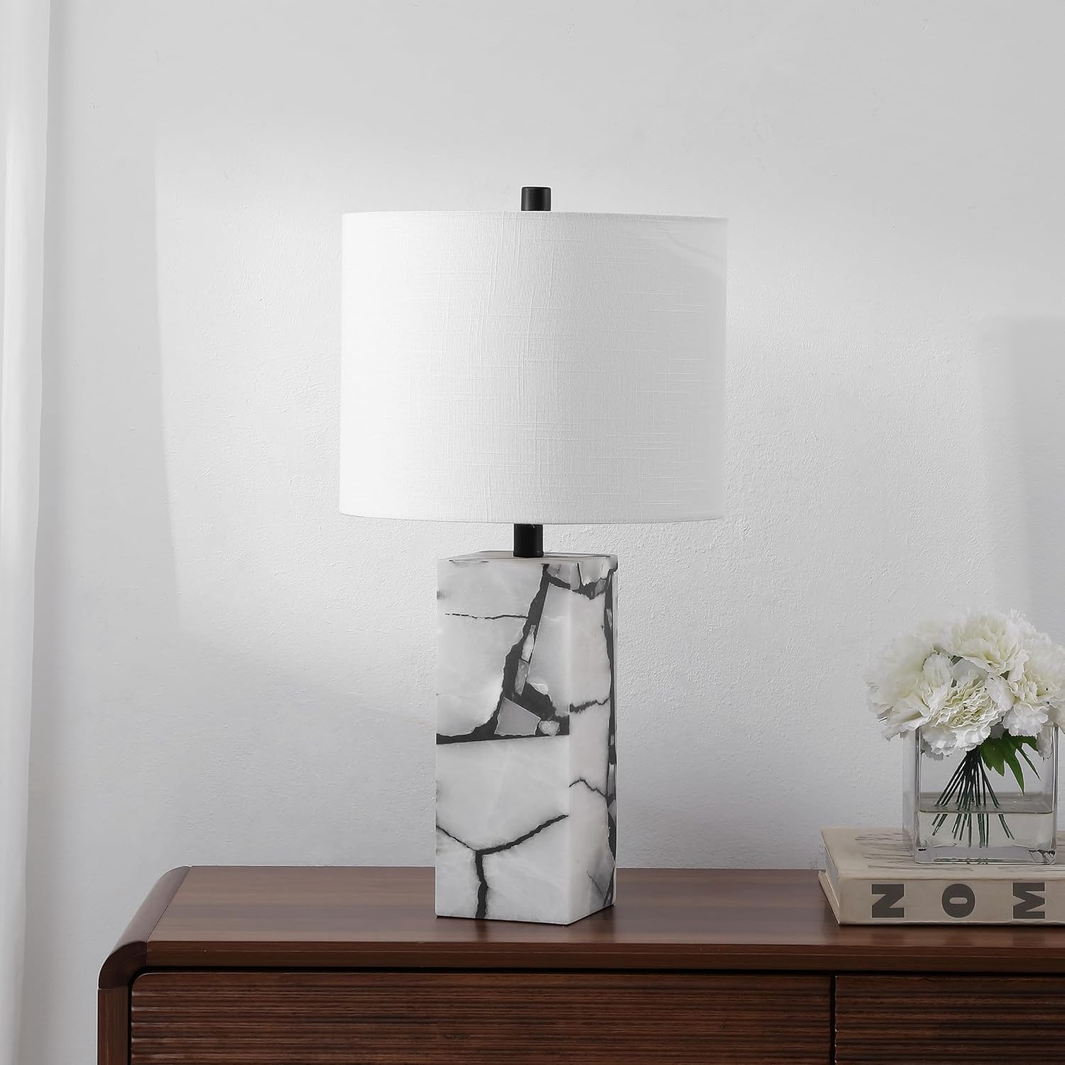 JONATHAN Y 24.25' Black/White Modern Alabaster LED Table Lamp for Home Decor, White Linen Shade, Coastal Nightstand Lamp with Built-in Base Accent Light (JYL8507A)