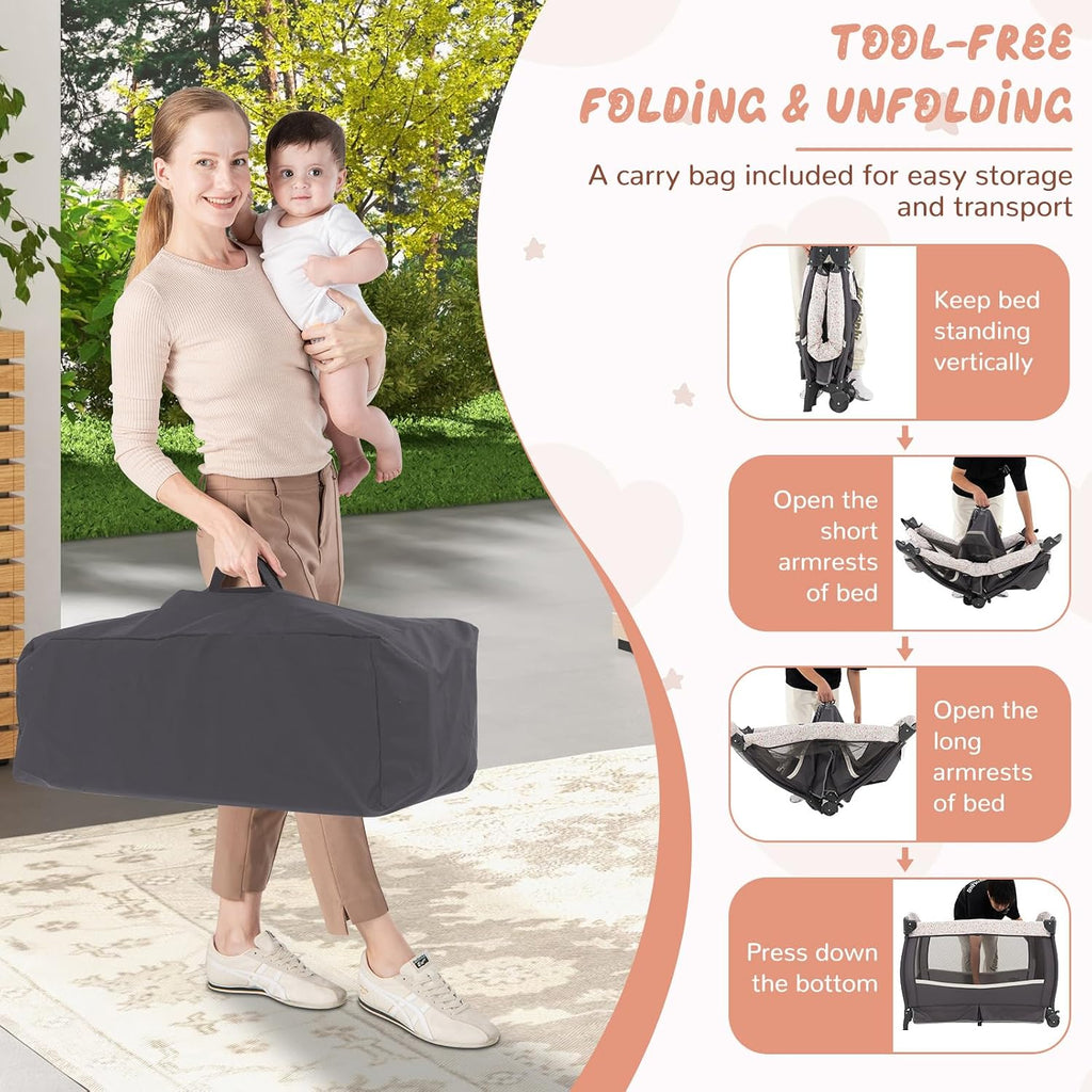 HONEY JOY Pack and Play, 4 in 1 Portable Baby Crib Playpen w/Bassinet, Changing Table, Canopy, Mattress, Music Box, Storage Bag, Foldable Pack and Play for Infant Boys Girls