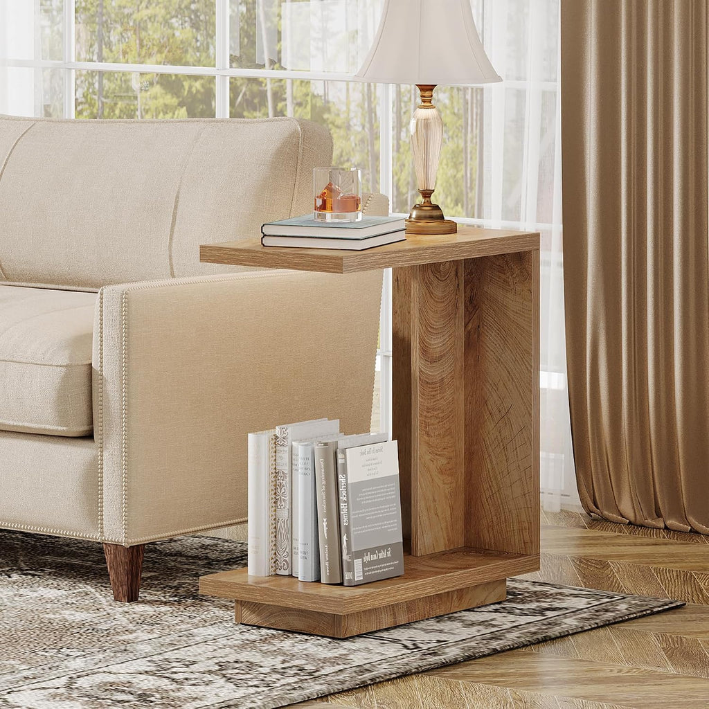 Tribesigns C-Shaped Side Table for Couch, 2-Tier Narrow End Table with Sturdy Pedestal, Industrial Sofa End Table for Living Room, Bedroom, Brown, (Set of 2)