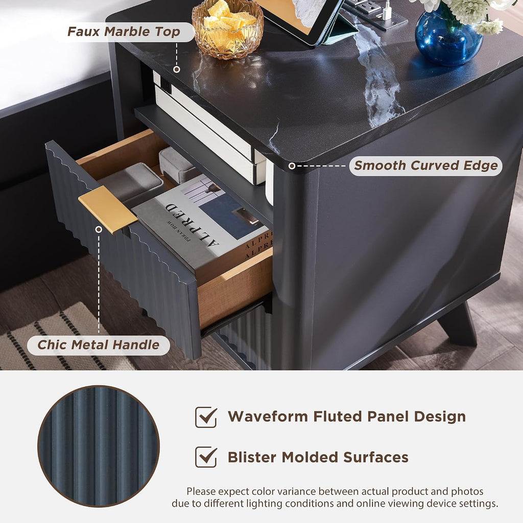 T4TREAM Fluted Nightstand Set of 2 with Charging Station, 18' Modern SideTable with Faux Marble Top, 2 Drawer End Table w/Storage, Bedside Table for Bedroom, Living Room, Curved Profile, Dark Grey