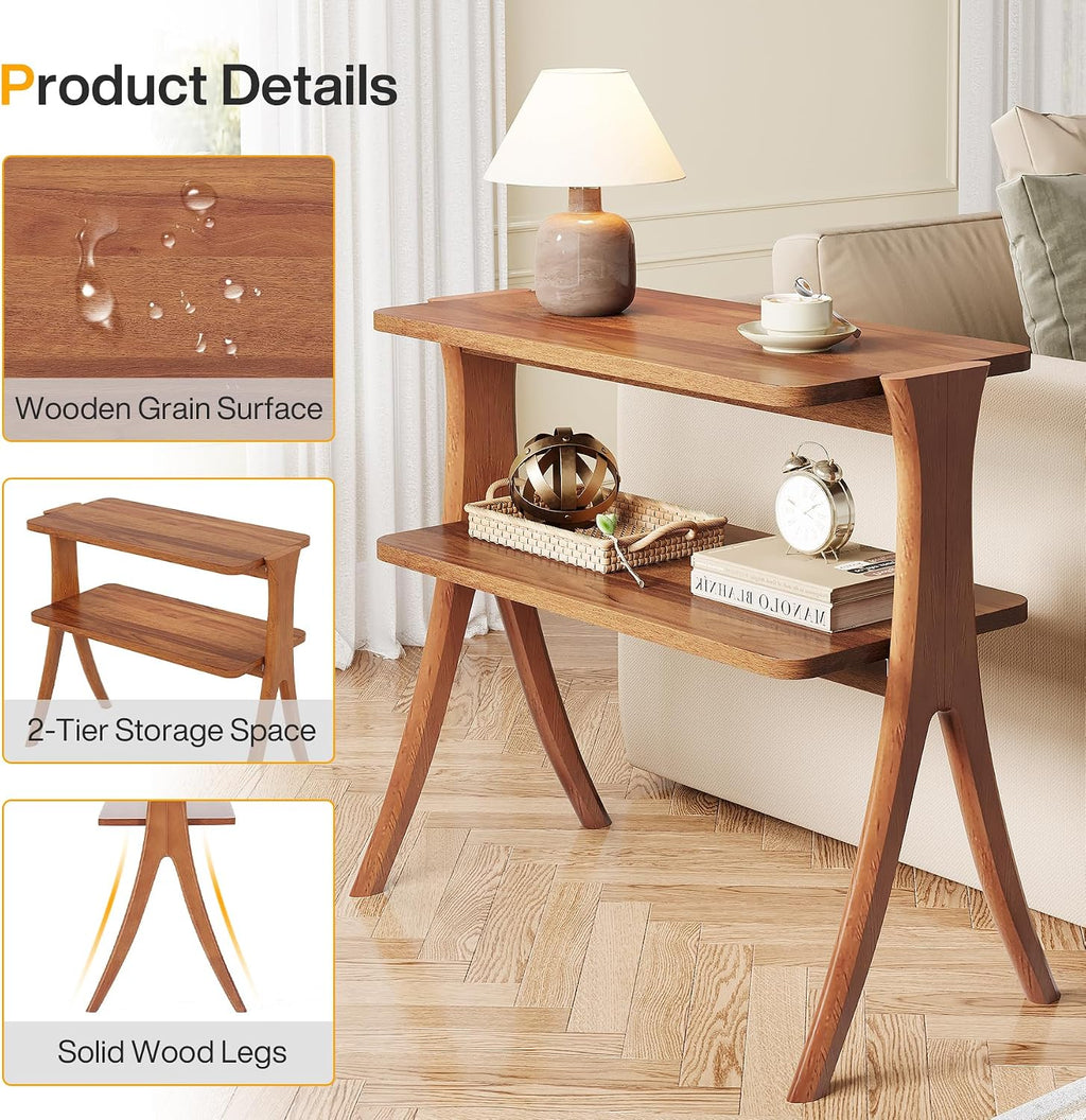Tribesigns Walnut Side Table Set of 2, Narrow End Table with 2-Tier Storage Shelf and Solid Wood Legs, Slim Modern Bedside Table Nightstand for Living Room, Bedroom, Small Spaces (2)