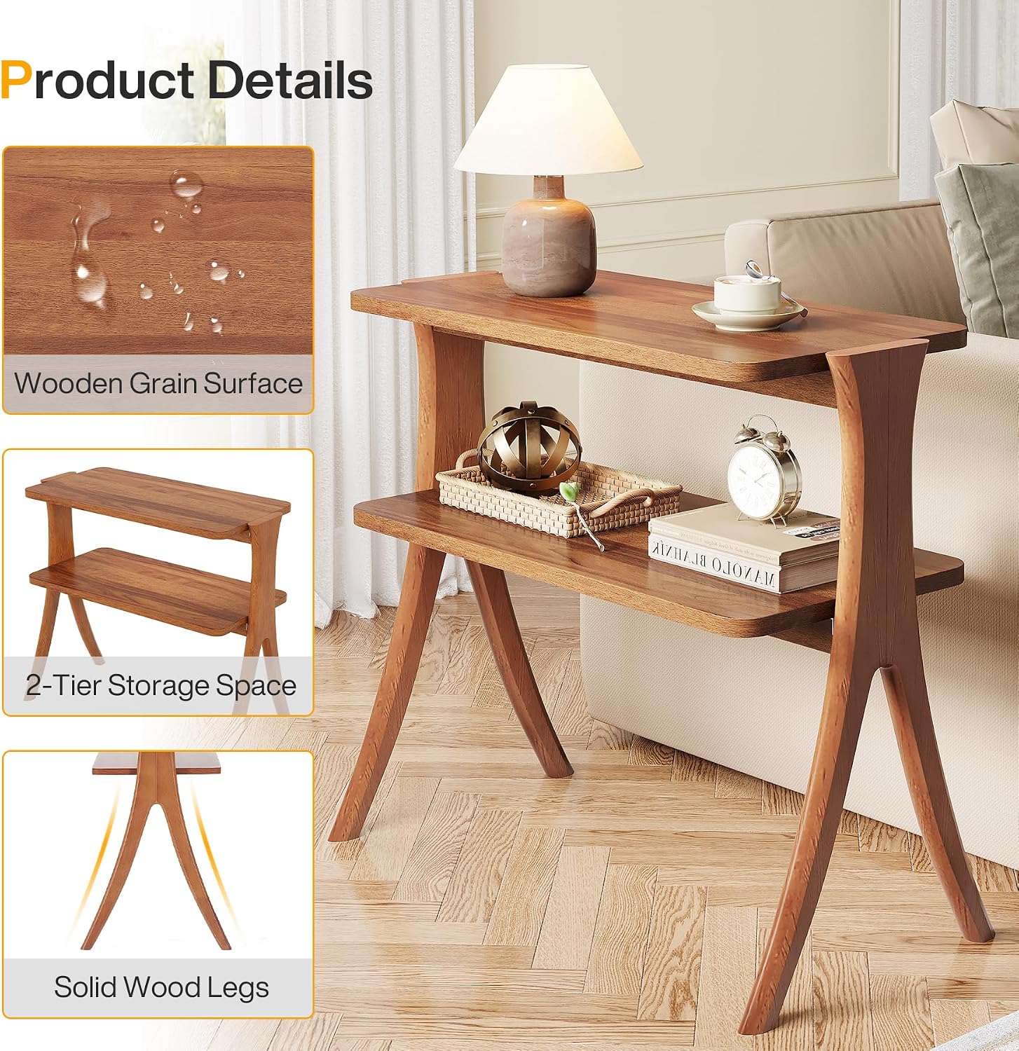 Tribesigns Walnut Side Table Set of 2, Narrow End Table with 2-Tier Storage Shelf and Solid Wood Legs, Slim Modern Bedside Table Nightstand for Living Room, Bedroom, Small Spaces (2)