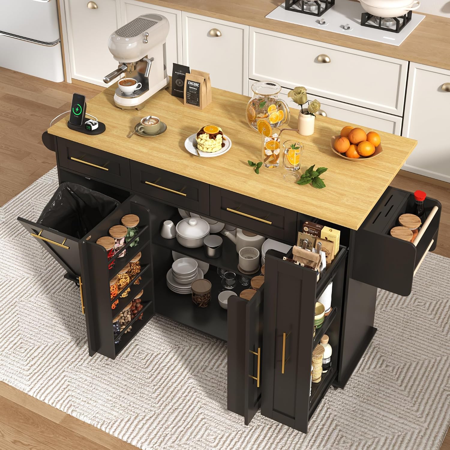 69' Large Kitchen Island on Wheels, Kitchen Rolling Island Cart with Trash Storage Cabinet, Power Outlet, 3-Tier Pull-out Storage Trays, Drop Leaf, Spice Rack, Mobile Island Table for Kitchen, Black