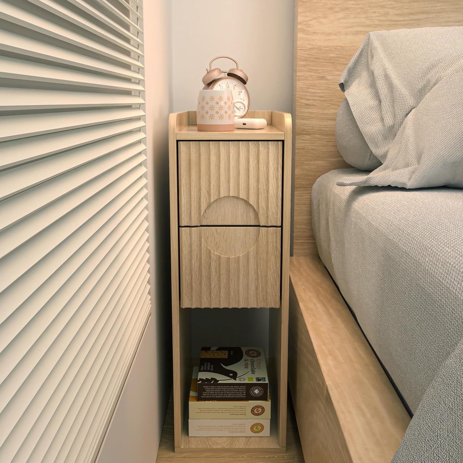Small Fluted Nightstand Set of 2, Wood 2 Drawer Narrow Nightstand, Slim Side Table, Modern Boho End Bedside Table, Natural Wood Night Stand with Drawers for Bedroom, Living Room, Natural