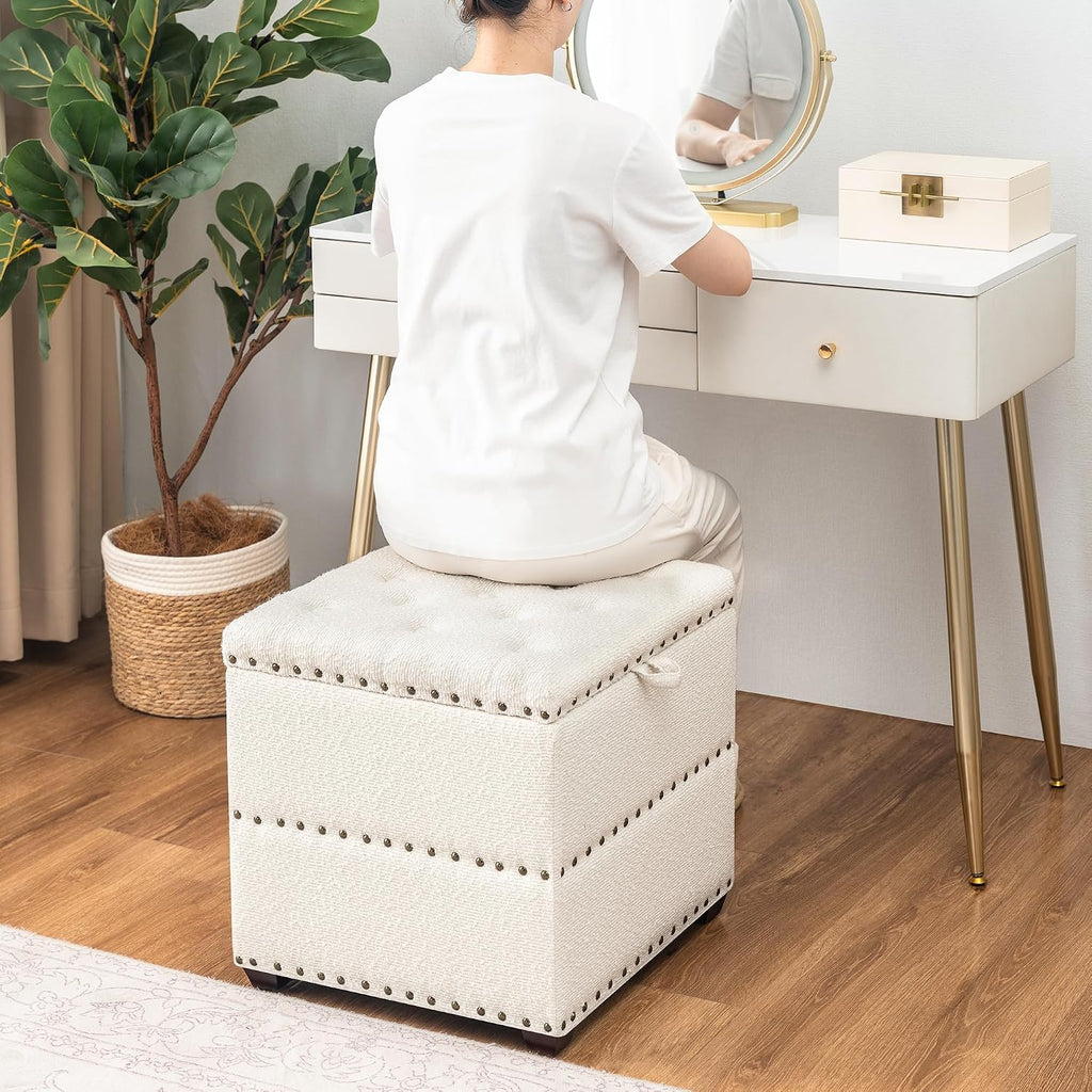 Adeco 18' Velvet Storage Ottoman with Tray Top, Modern Square Cube Footrest Coffee Table for Living Room, Bedroom, Dorm - Warm White, No Assembly Required