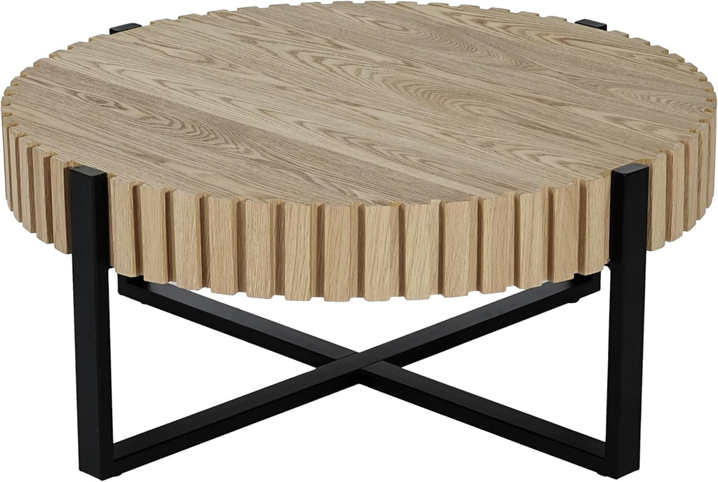 Christopher Knight Home Sol 31.5'' Modern Round Coffee Table, Indoor Living Room Side Table, Wooden End Table with Cross Metal Base, Unique Gear Motifs and Fluted Edges, Black + Natural