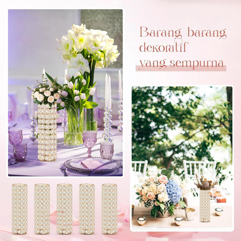 Dandat 16 Pcs Crystal Flower Vase and Pillar Candle Holder Set 10.24 Inch Wedding Cylinder Flower Vases Stand Table Centerpieces Candle Holders for Table Room Home Wedding Party Events Decor(Gold)