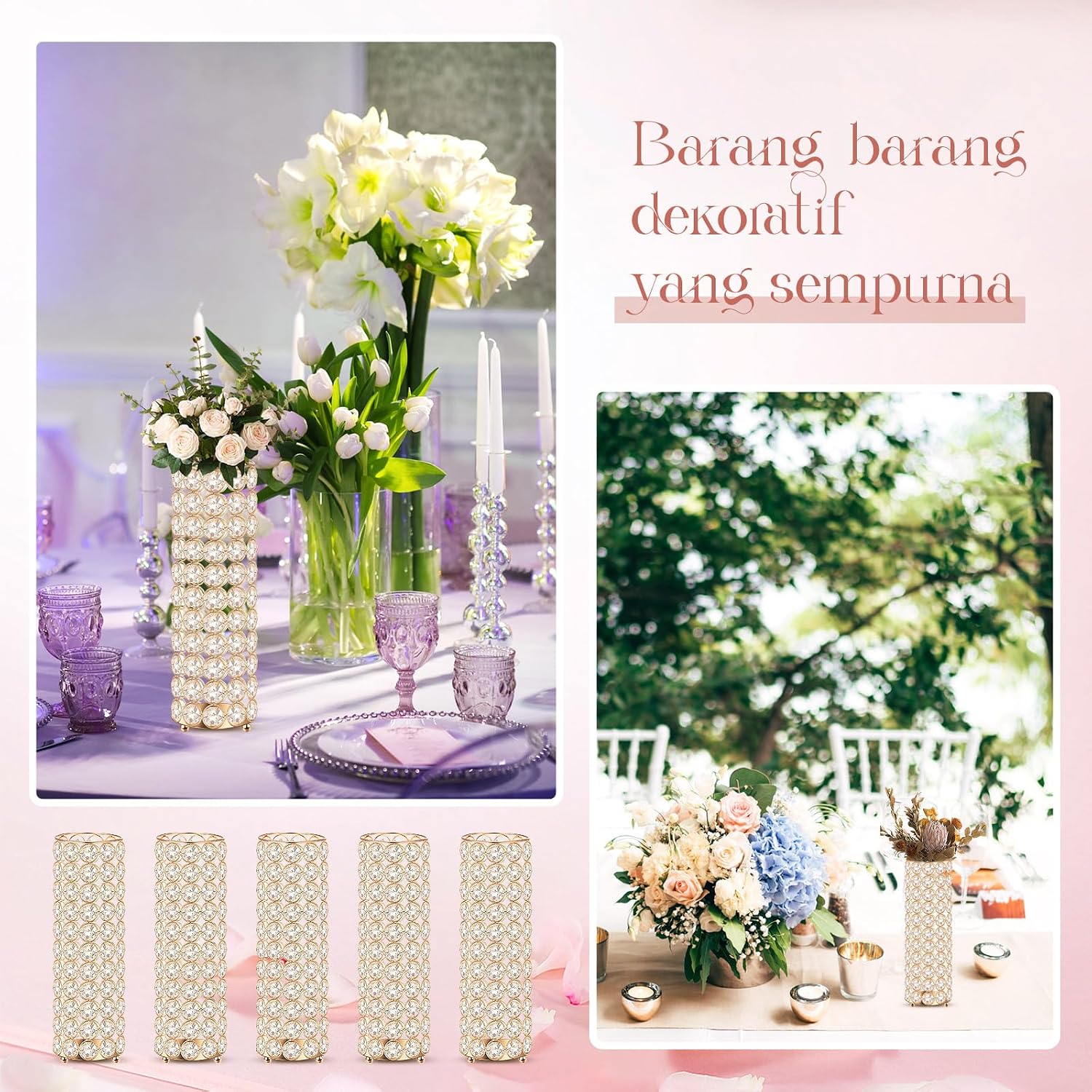 Dandat 16 Pcs Crystal Flower Vase and Pillar Candle Holder Set 10.24 Inch Wedding Cylinder Flower Vases Stand Table Centerpieces Candle Holders for Table Room Home Wedding Party Events Decor(Gold)