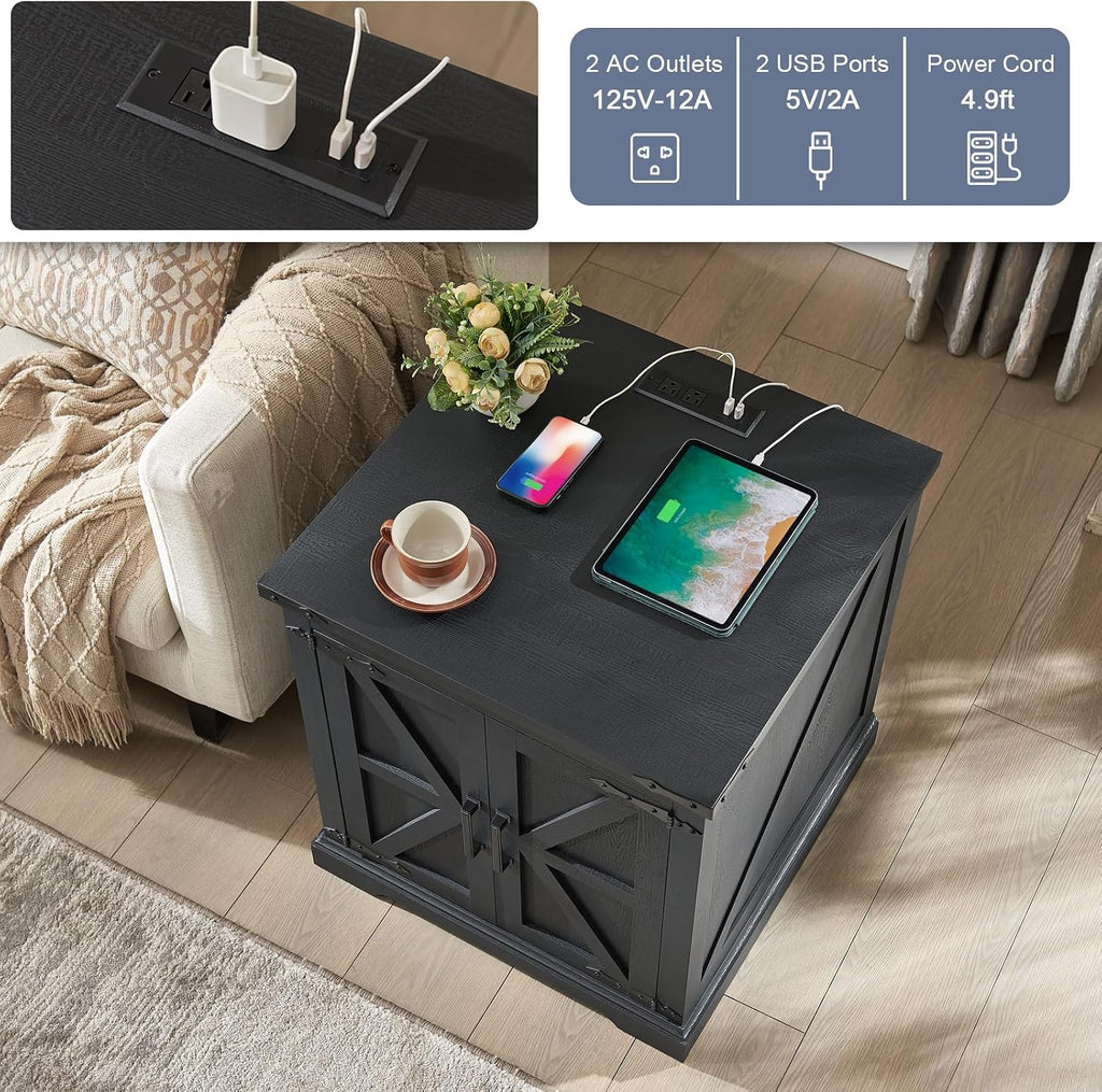 Barnyatoh Farmhouse End Table with Charging Station,24' Large Sofa Side Table with Barn Door, Rustic Wood Square Nightstand Bedside Table with Adjustable Storage Shelf for Living Room, Bedroom,Black