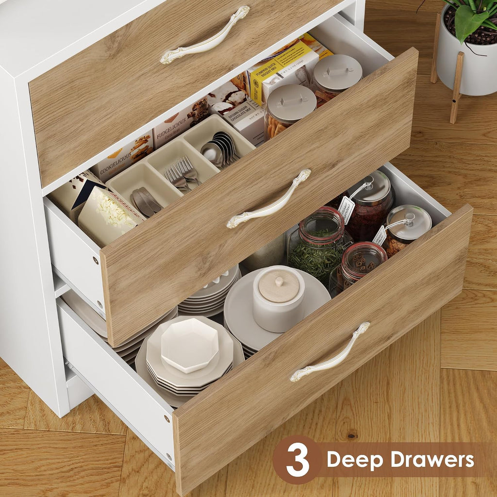Keyluv 71' Tall Kitchen Pantry Storage Cabinet with Microwave Stand, Buffet Kitchen Hutch with Shelves and Drawers, Wood Coffee Bar Pantry Cabinet with Glass Doors, for Dining Room/Small Space, Khaki