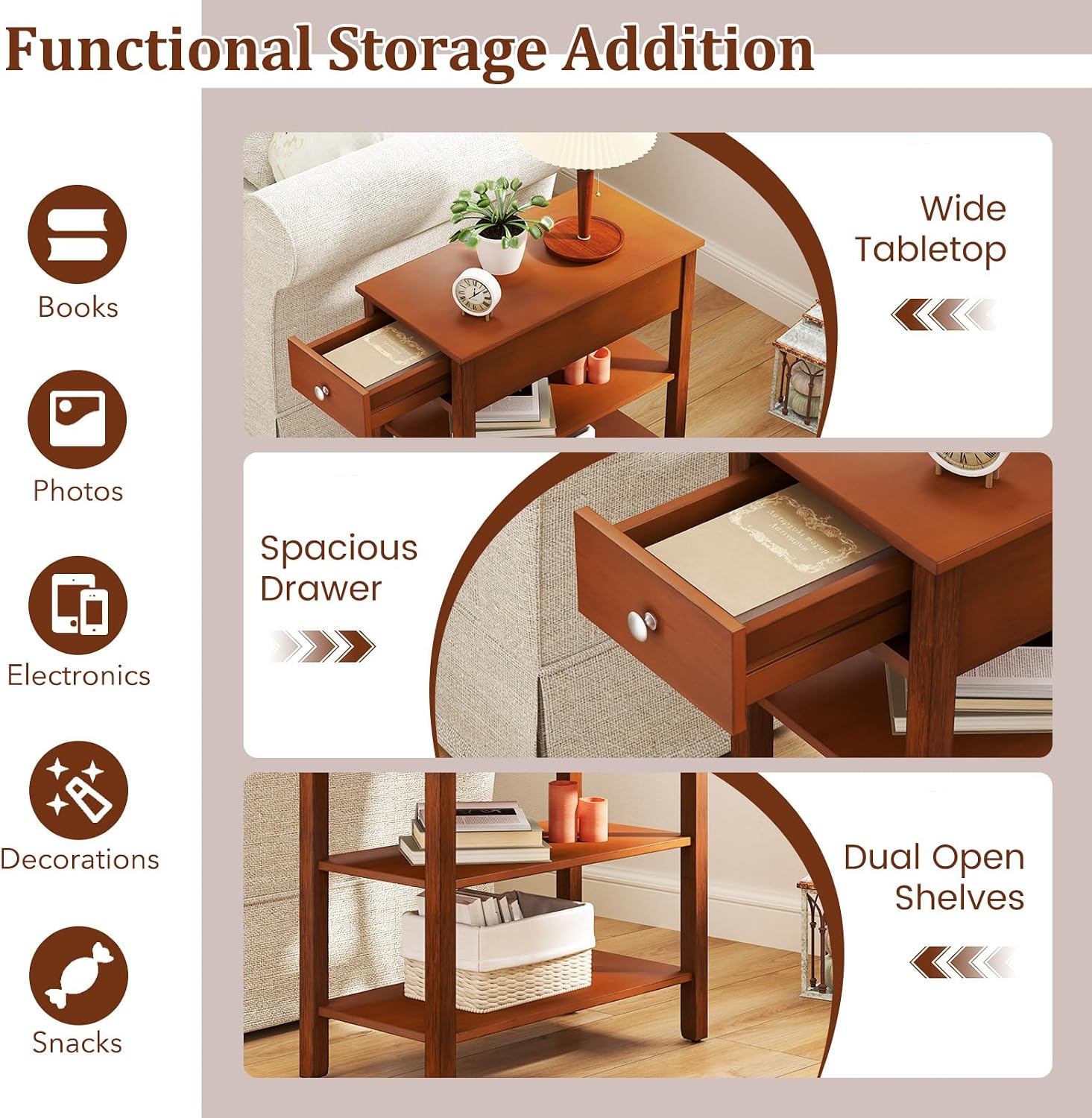 Tangkula Narrow End Table Set of 2, 24.5'H Farmhouse Couch Bedside Table with Drawer, Storage Shelves, Rubber Wood Legs, 3-Tier Nightstand, Slim Side Table for Small Spaces, Living Room Bedroom, Brown