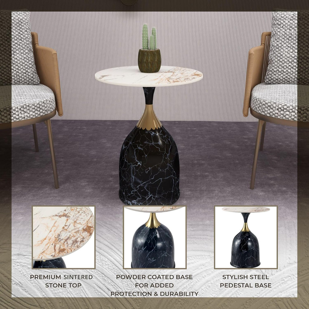 LeisureMod Oslo Modern Round Side Table with Elegant Sintered Stone Top and Sculptural Stainless Steel Pedestal Base, Chic Accent End Table for Living Room, Home or Sofa, Stone Black