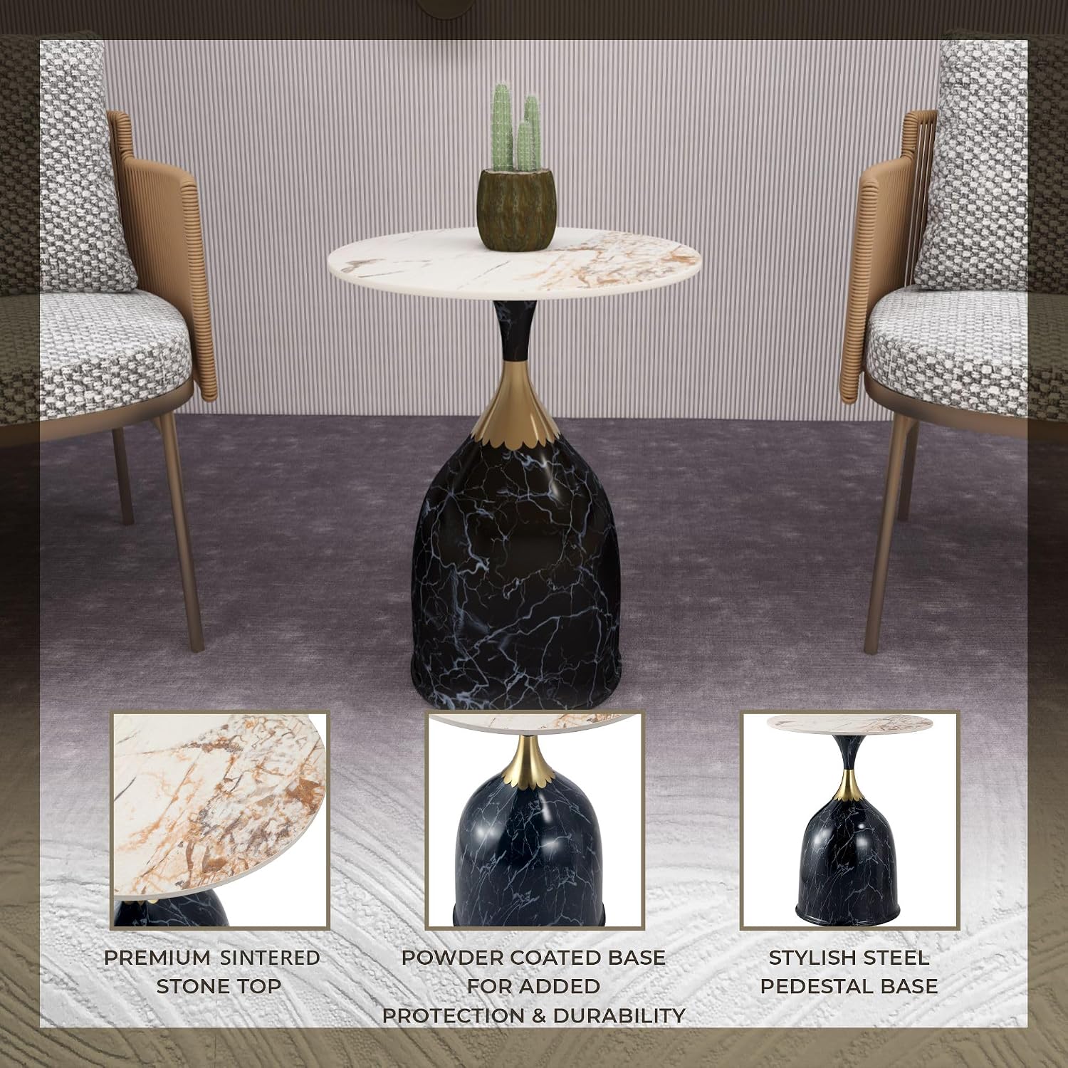 LeisureMod Oslo Modern Round Side Table with Elegant Sintered Stone Top and Sculptural Stainless Steel Pedestal Base, Chic Accent End Table for Living Room, Home or Sofa, Stone Black