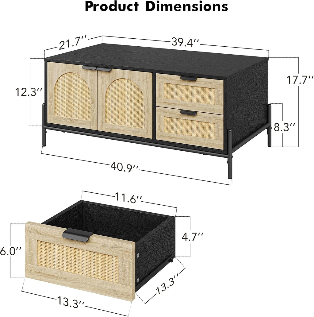 GarveeHome 40.9' Rattan Coffee Table with LED Lights for Living Room, Modern Coffee Tables with 2 Storage Drawers and 2 Arched Door, Farmhouse Coffee Table with Study Metal Legs, Black+Oak