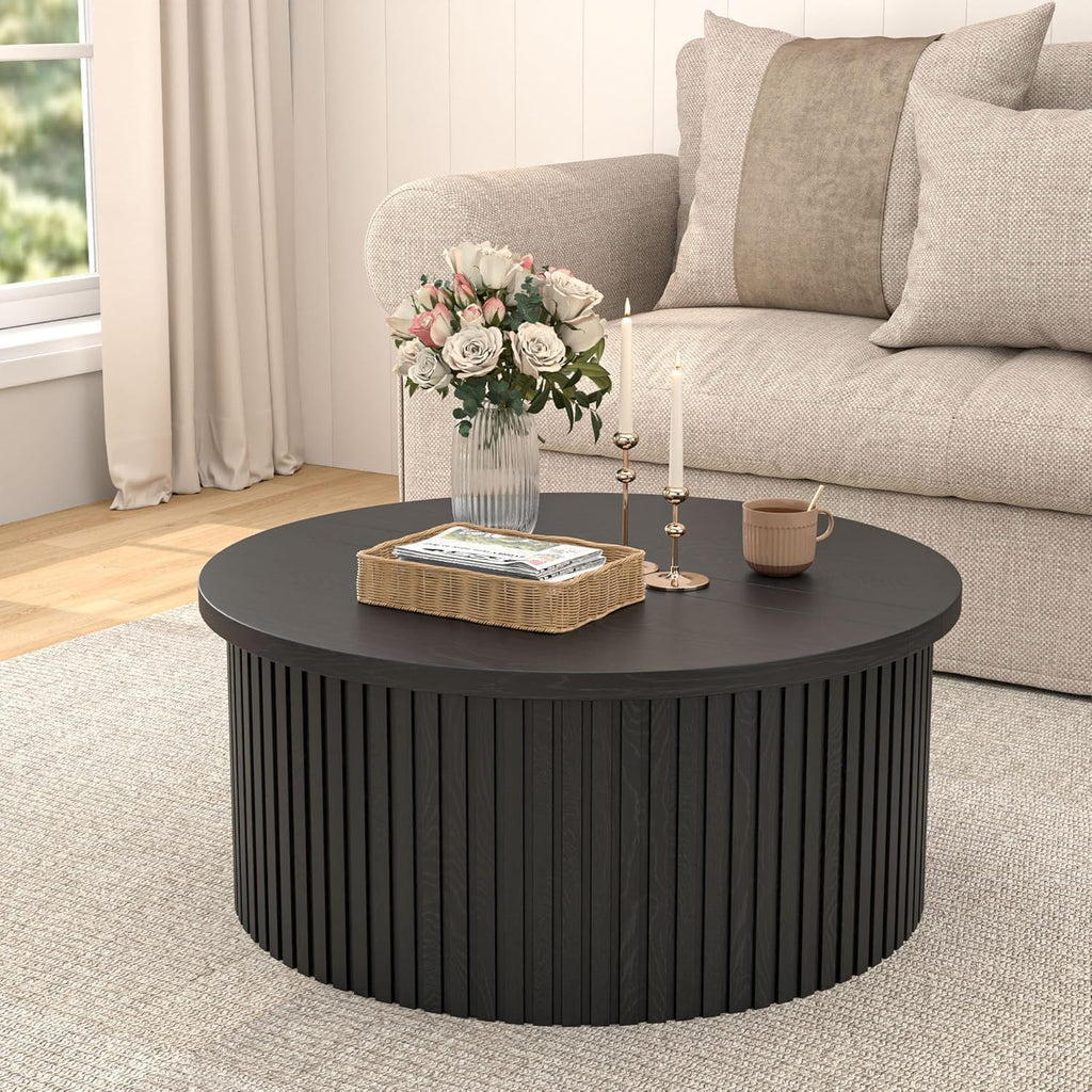 Fsbecl Fluted Lift Top Coffee Table with Storage, 34.6'' Round Coffee Tables for Living Room, Circle Wood Center Table with Hidden Conpartment (Black)
