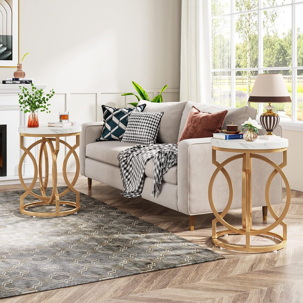 Tribesigns Modern Round End Table Set of 2, Multifunctional Accent Table Small Side Table for Living Room, White Gold with Faux Marble Top, 19.7'W x 19.7'D x 25.6'H