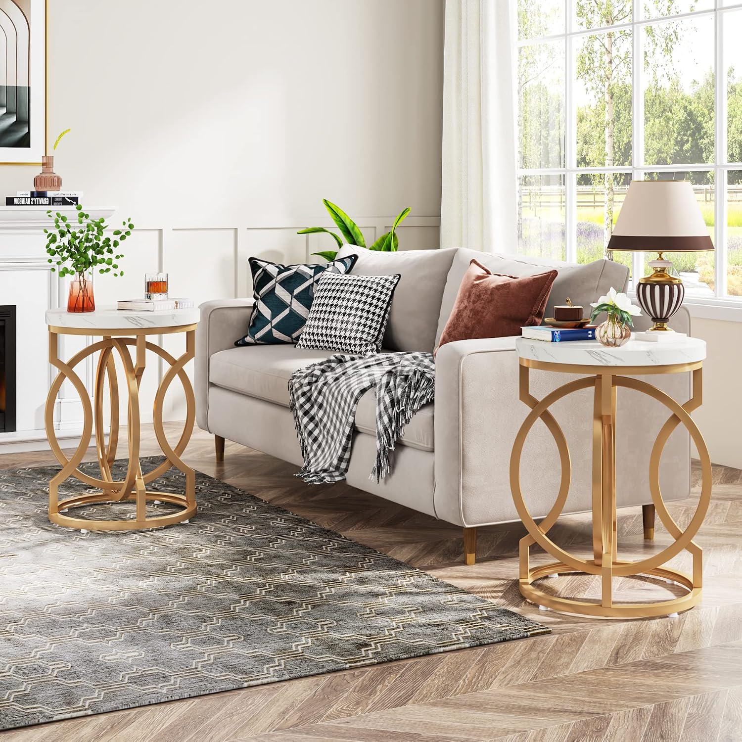Tribesigns Modern Round End Table Set of 2, Multifunctional Accent Table Small Side Table for Living Room, White Gold with Faux Marble Top, 19.7'W x 19.7'D x 25.6'H