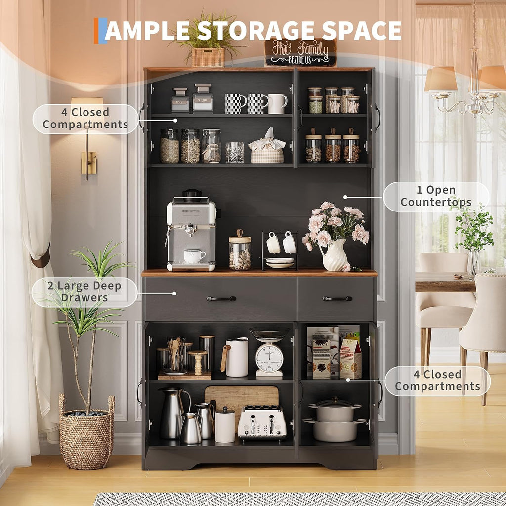 71' Pantry Cabinet with Charging Station, Kitchen Hutch Storage Cabinet with Countertop & Drawer, Farmhouse Food Pantry with Microwave Stand & Adjustable Shelves for Living Room, Dining Room, Black