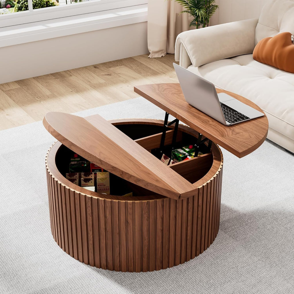 Fsbecl Fluted Lift Top Coffee Table with Storage, 34.6'' Round Coffee Tables for Living Room, Circle Wood Center Table with Hidden Conpartment (Walnut)