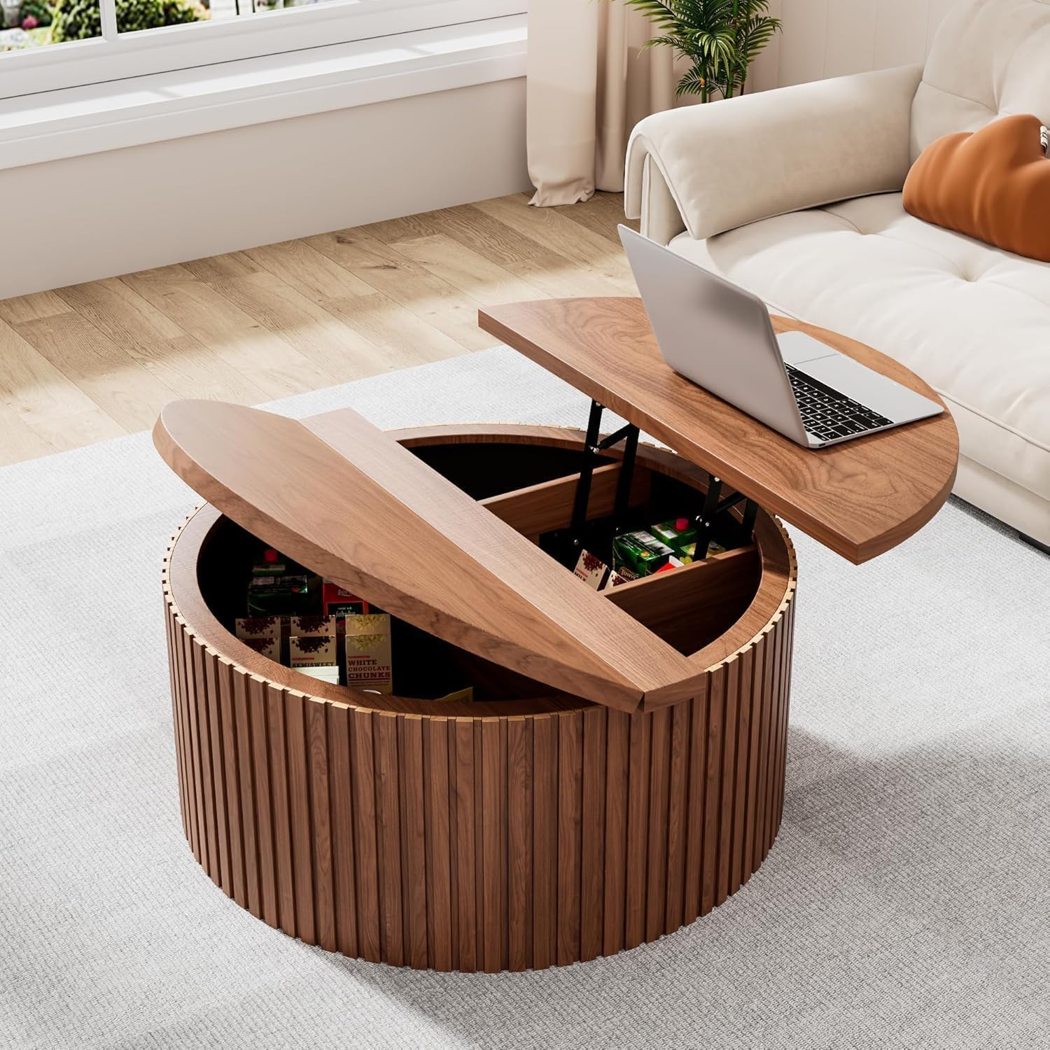 Fsbecl Fluted Lift Top Coffee Table with Storage, 34.6'' Round Coffee Tables for Living Room, Circle Wood Center Table with Hidden Conpartment (Walnut)