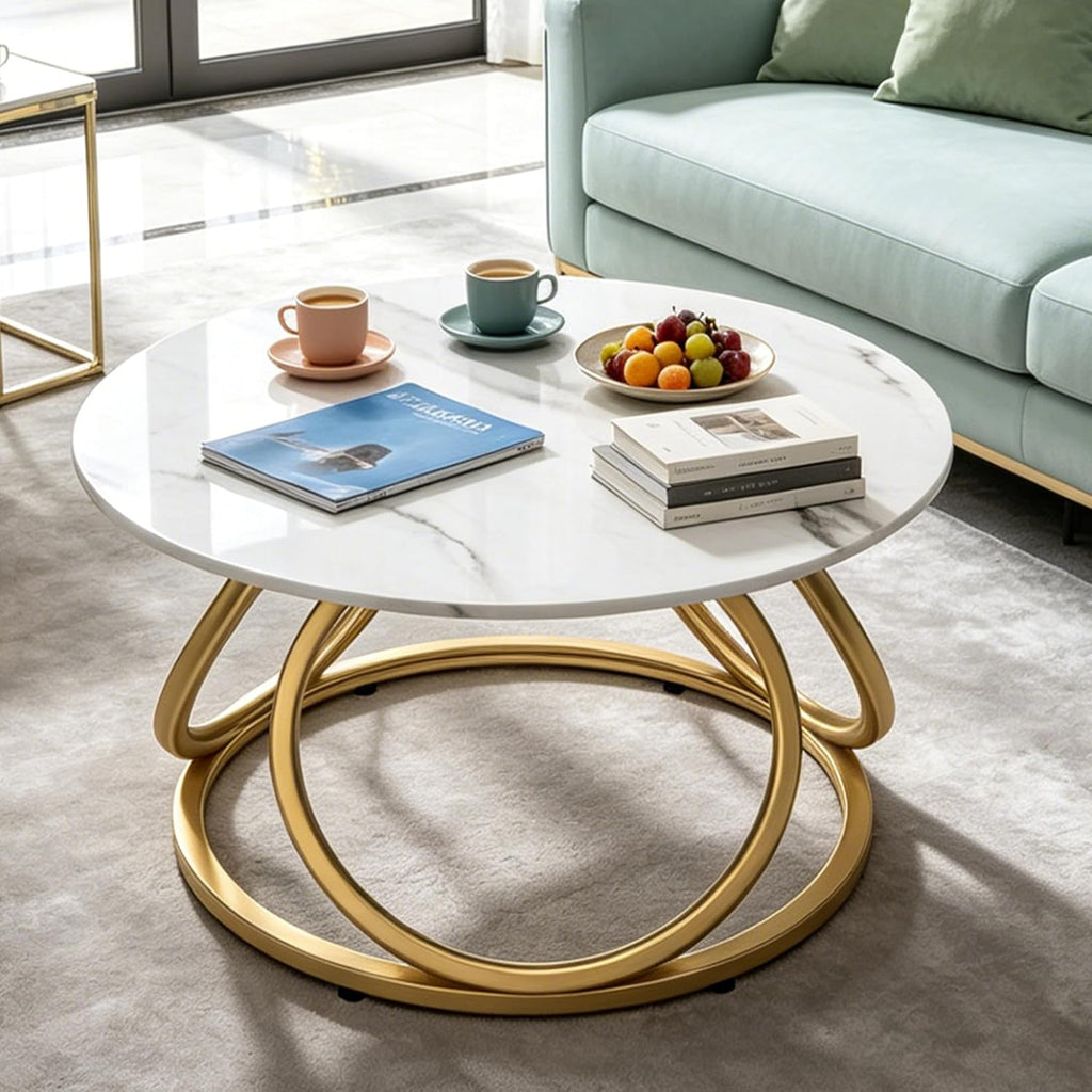 O&K FURNITURE Gold Round Coffee Table, Faux Marble Top with Veins, Modern Center Table with Gold Metal Frame, for Living Room, Home Office, 1 PC