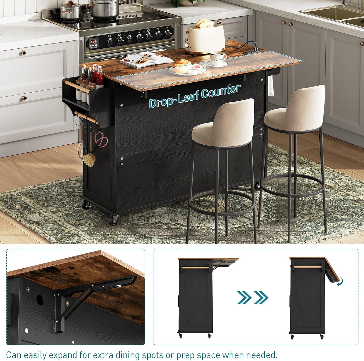 RALGEND Kitchen Island with Drop Leaf & Power Outlet, Rolling Kitchen Island Cart On Wheels, Barn Door Kitchen Island Table with Storage, Island Table for Kitchen, Black and Rustic Brown