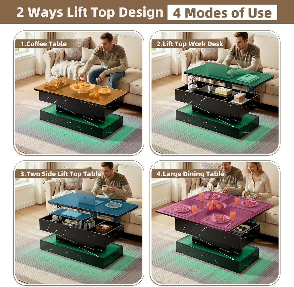 40' Lift Top Coffee Table, 4‑in‑1 Multi-Function Convertible Workstation Table with Storage & Charging Station, Modern Faux Marble Design for Living Room & Small Spaces, Black