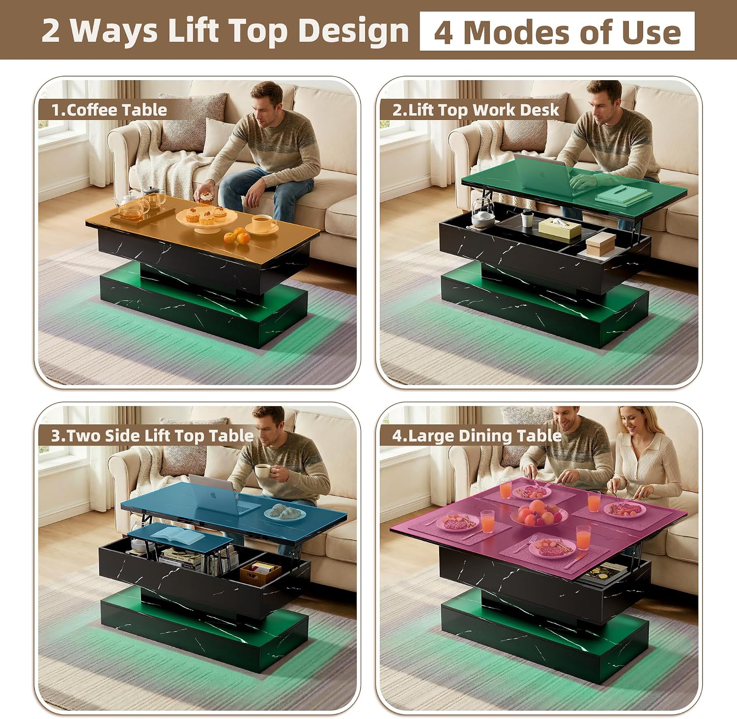40' Lift Top Coffee Table, 4‑in‑1 Multi-Function Convertible Workstation Table with Storage & Charging Station, Modern Faux Marble Design for Living Room & Small Spaces, Black