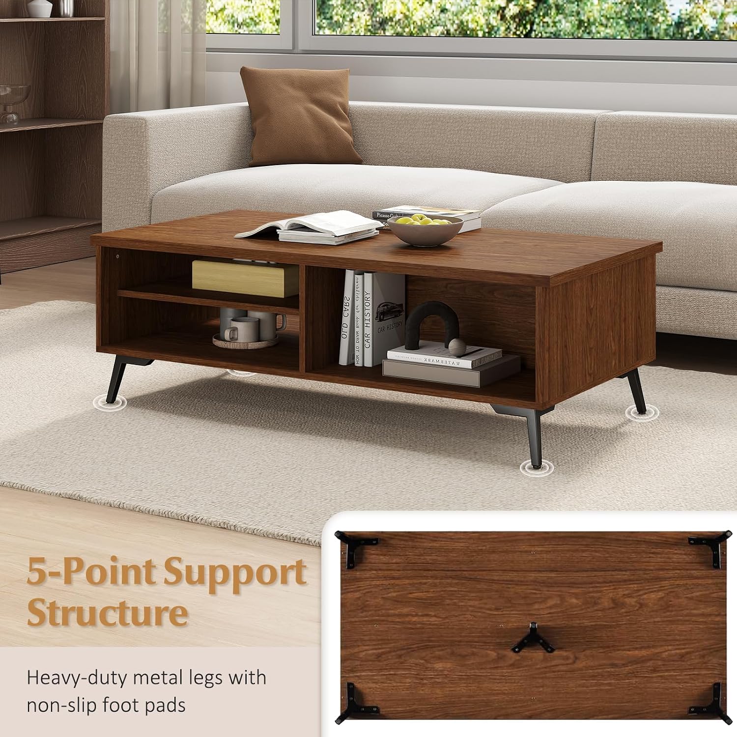 Giantex Mid Century Modern Coffee Table, 2-Tier Wood Rectangular Center Table with Storage Shelves, Compartments & Metal Legs, Vintage Living Room Tables for Reception (Walnut)