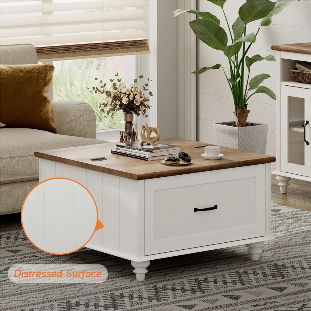 WAMPAT Farmhouse Lift Top Coffee Table with Storage Cabinet, Square Coffee Table with Large Drawer, Wooden Center Table for Living Room, Home, Office, Off White