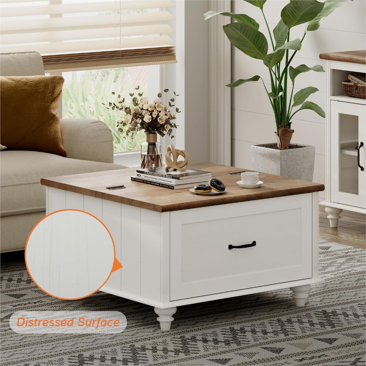 WAMPAT White Coffee Table with Lift Top & Drawer, Square Center Table with Hidden Storage Compartment, Farmhouse Wood Coffee Table for Living Room, 30 Inch