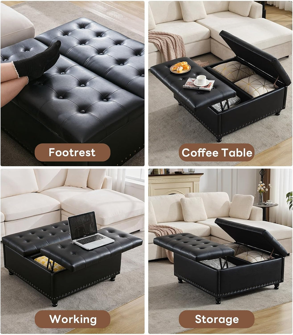 Tbfit Large Square Storage Ottoman Bench, Tufted Upholstered Coffee Table Ottomans with Lift Top & Solid Wood Legs, Oversized Storage Ottomans Toy Box for Living Room (Black)