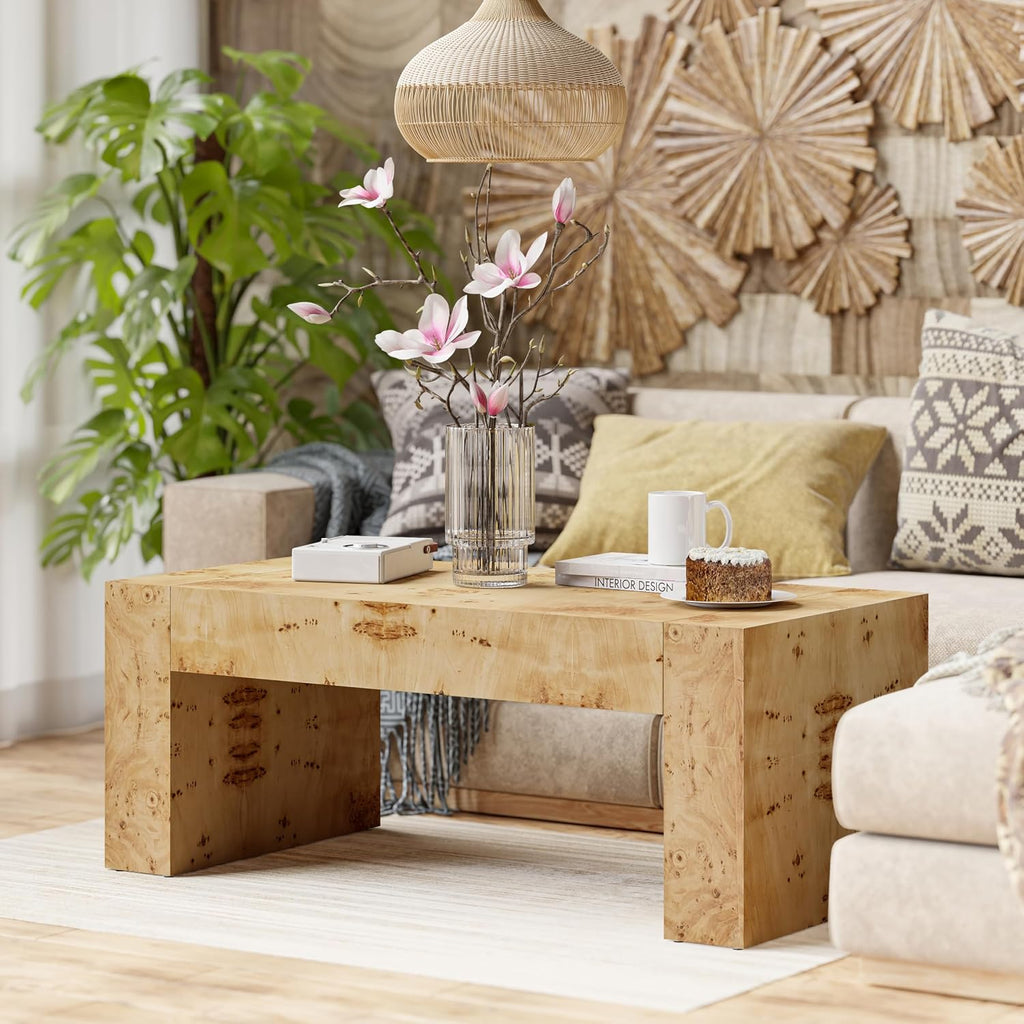 COZAYH Burl Finish Modern Wood Coffee Table with Thick Legs, Rectangular Living Room Center Table, Elegant and Sturdy Design, Farmhouse Style for Home Decor, Office, Natural