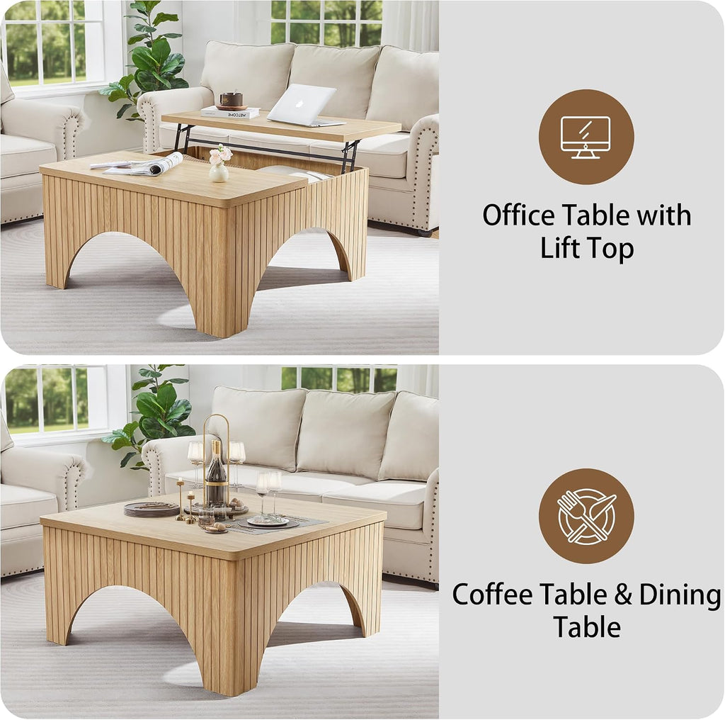 Square Coffee Table, 39'' Large Lift Top Coffee Table with Flip-Top Hidden Compartment Farmhouse Fluted Center Table Wooden Tea Table for Living Room, Apartment, Office (Natural)