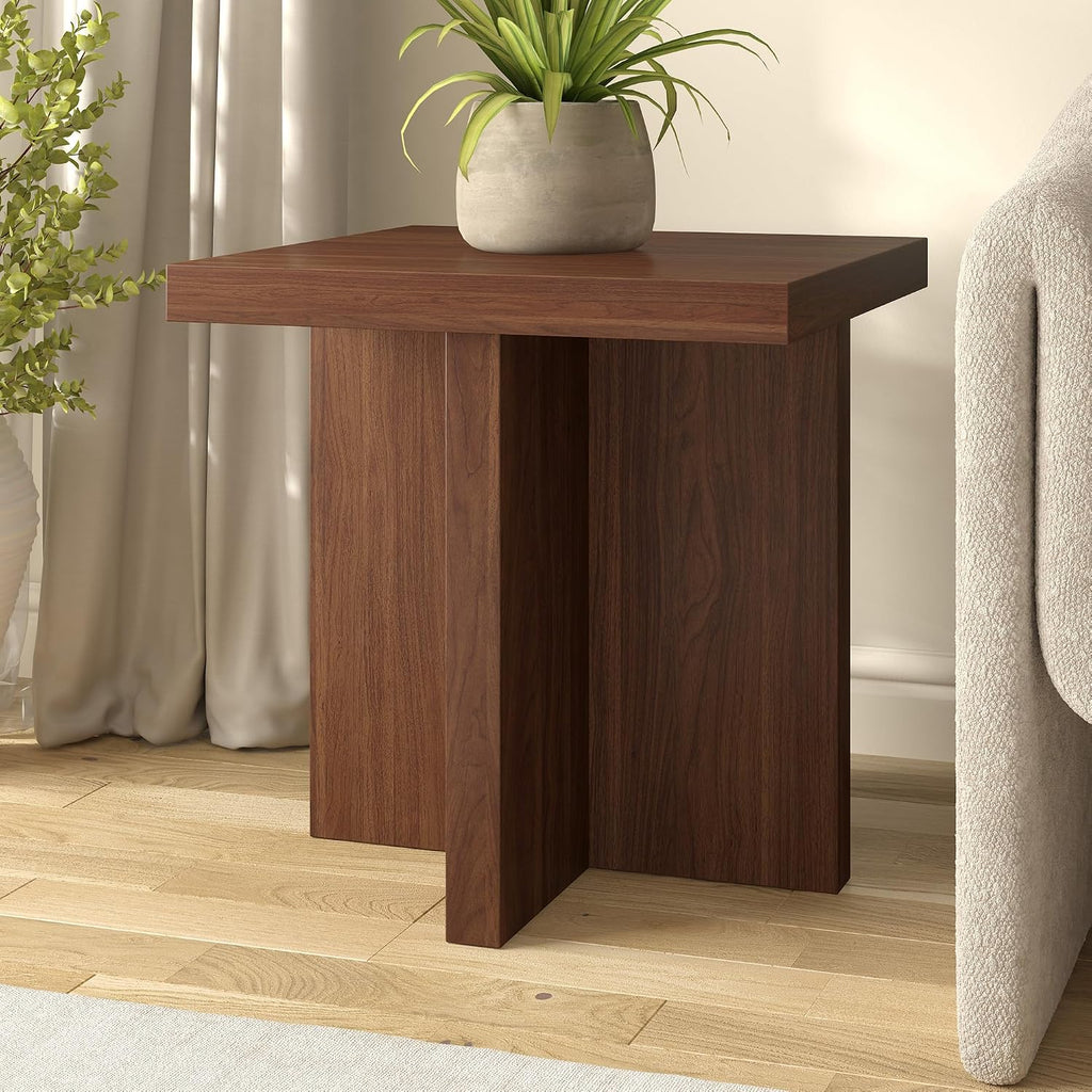 Henn&Hart 22' Scandinavian Wooden Square End Table, Side Table, Nightstand with X-Base for Living Room, Office, Family Room, or Bedroom, Medium Walnut