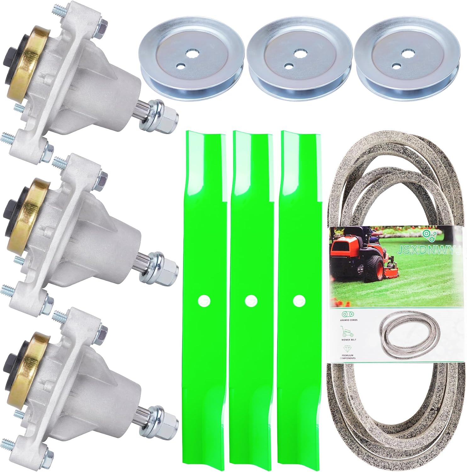 52 Inch Mower Deck Rebuild Kit - Fits Hustler Raptor Raptor Limited 52' Mowers, 3 Spindles (604214) + 3 Blades (603995) + 1 Belt (791998)+3 Idlers(603998)