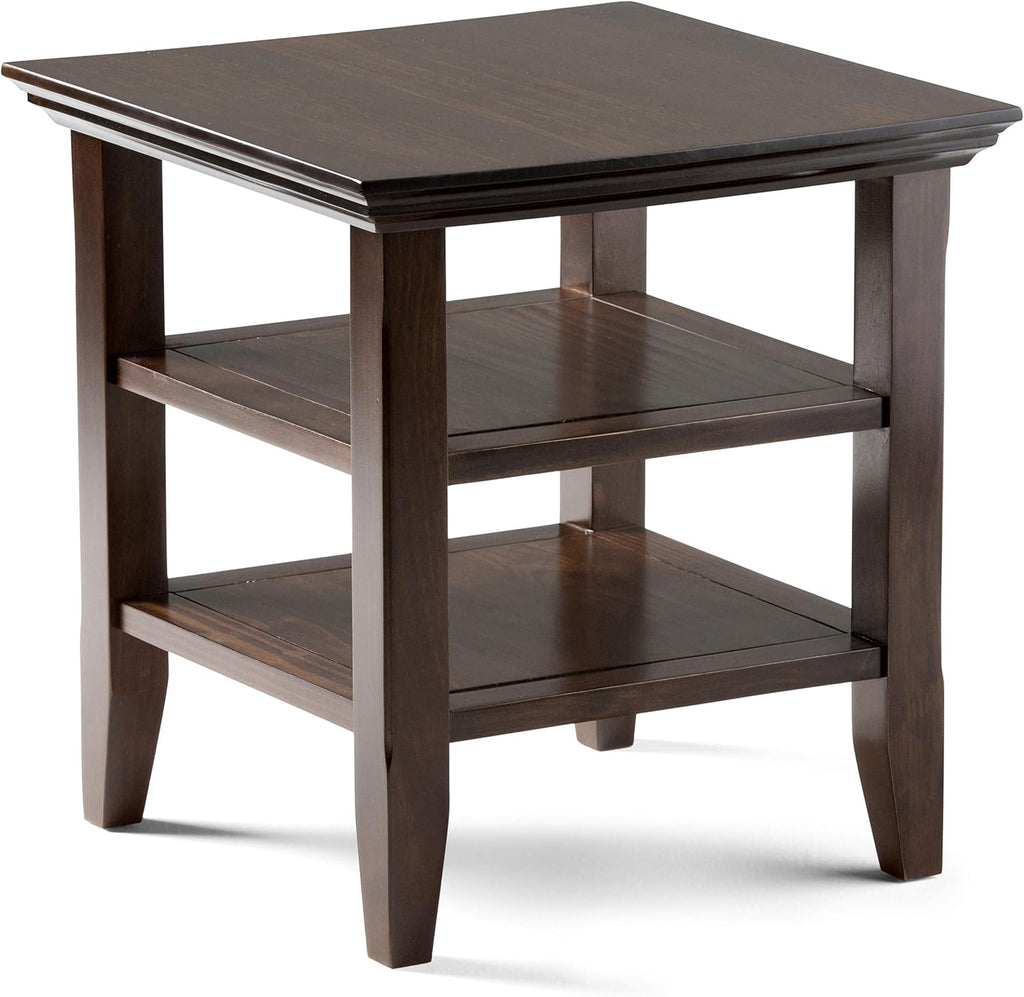 SIMPLIHOME Acadian End Table - 19 inch Wide Solid Wood Square Side Table with 2 Open Shelves in Brunette Brown, Transitional Nightstand or Shelving Unit for Living Room or Bedroom with Storage